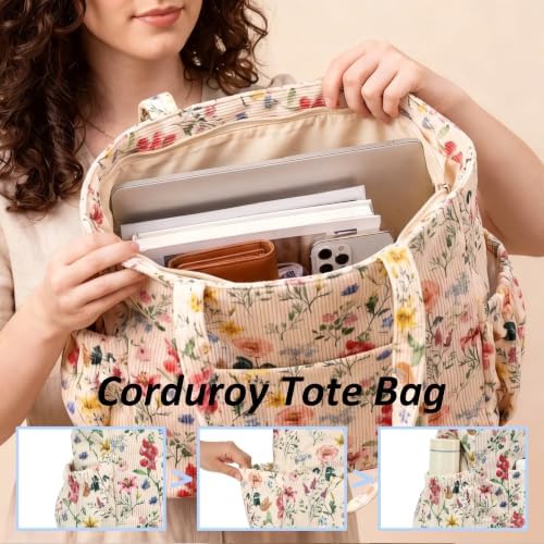 Bycobecy Corduroy Tote Bag for Women, Large Cute Work Tote Bags with Pockets, Lightweight Travel Teacher Bag for Work Gym Overnight (Flowers) — view 6