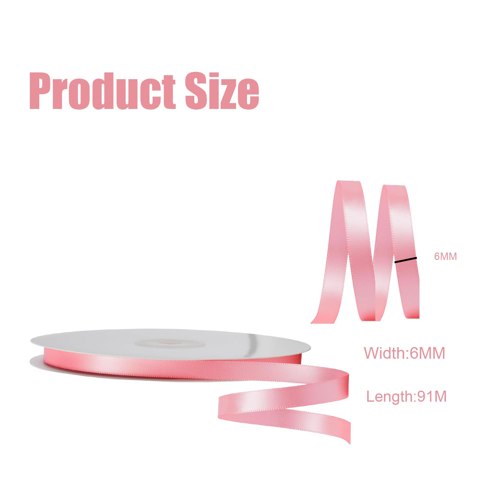 Thin Baby Pink Ribbon 6mm Satin Ribbons for Gift Wrapping,91m Silk Thick Wrapping Ribbon Balloon Ribbons Pink for Crafting,Christmas,Wedding,Hair Bows,Bouquets,Party,Cake Decorations - Image 2