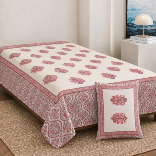 Image of elanorhomes 100% Cotton 240 TC Single Bed Sheet Set | Floral Printed Bedsheet with Pillow Cover | Soft Breathable Fabric for Bedroom | 60x90 Inches (Red Fulwari Print)
