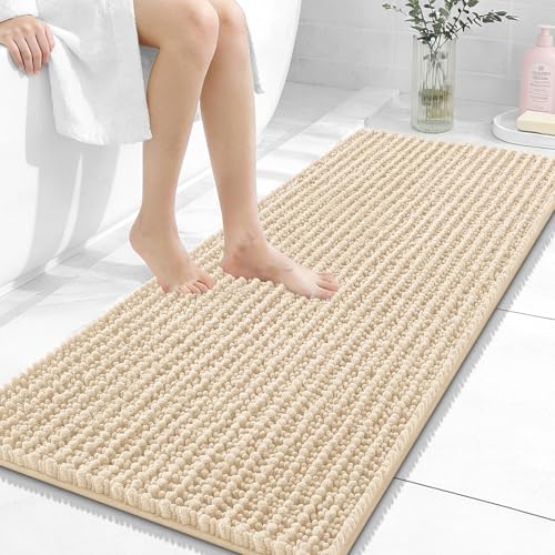 Image of OLANLY Long Bathroom Rugs Runner 47x20, Thick Soft and Absorbent Chenille Bath Mat, Non-Slip, Machine Washable Quick Dry Bath Rugs for Tub Shower Floor, Home Decor Accessories, Beige