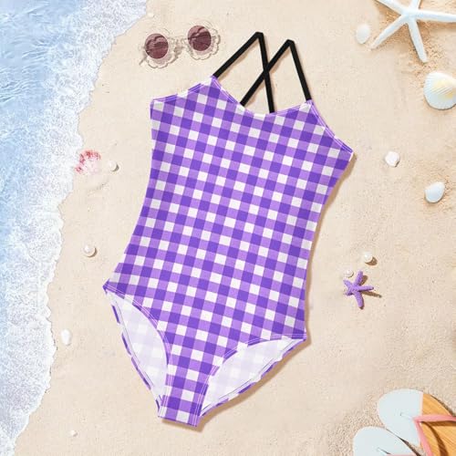 Checked Pattern Girls One Piece Swimsuits Quick Dry Beach Swimwear Bathing Suit3