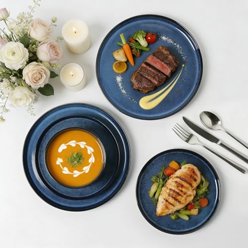 Image of Stoneware Dinnerware Sets for 4, 12Pcs Plates and Bowls Set, Midnight Blue