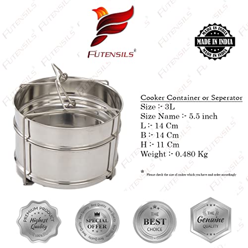 Image of FUTENSILSSS Cooker Separator 3L (5.5 x 2), Suitable for3 liters Hawkins Pressure Cookers (2 Containers with Lifter, Stainless Steel, Without Lid)