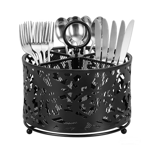 Honlibey Organizador de cubiertos giratorio de 360°, soporte de utensilios de metal para cubiertos, organizadores de cubiertos de encimera con 4 compartimentos, organizador de cubiertos con asa para