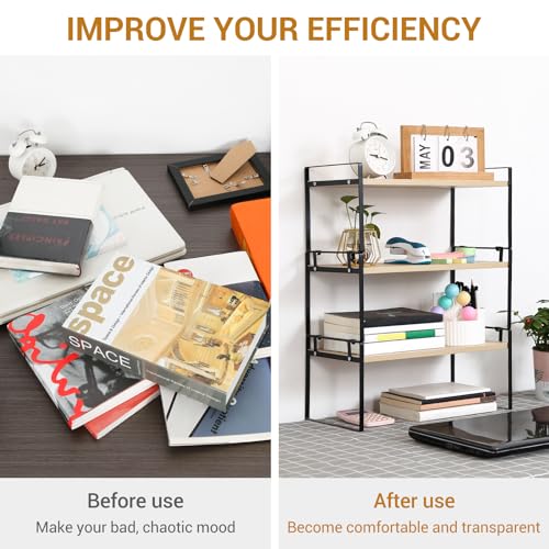 Image of YGYQZ Wood Office Desk Shelf Organizer - Desktop Supplies Cute Dresser Top Organization Storage Rack and Cubicle Decor Aesthetic Bookshelf for Women Man and Kids (Black Wood-Three Tier)