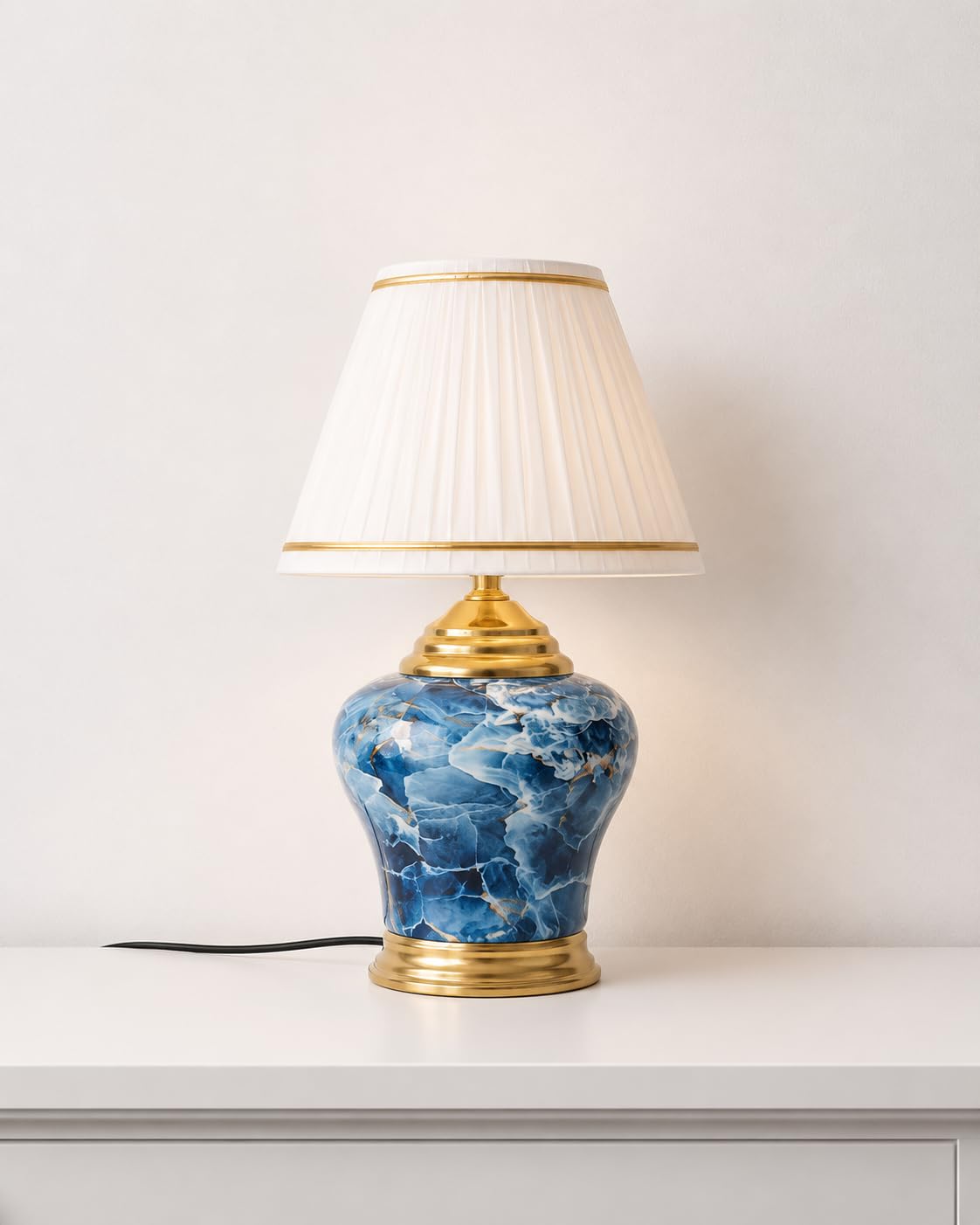 Sophisticated Blue Marbleized Ceramic Table Lamp with Polished Gold Accents | White Pleated Shade-image-12