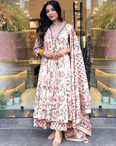 Image of GoSriKi Women's Rayon Viscose Anarkali Printed Kurta with Palazzo & Dupatta