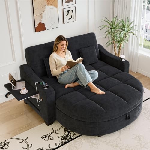 Image of 60 inch Loveseat Chaise Lounge Chair with Ottoman, Tufted Chenille Chaise Sofa with Storage & Adjustable Back / Side Table / USB Charging, Cozy Reading Lounge Chair and A Half for Living Room, Office, Black