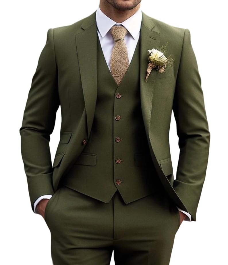Men Wedding Suit Olive Green 3 Piece Formal Fashion Party Wear Groomsmen Dinner Suit