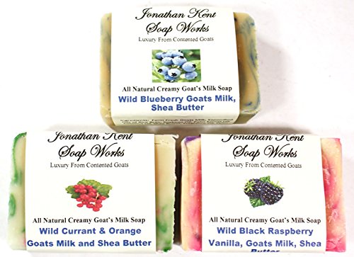 Jonathan Kent WILD FRUIT Goats Milk Soap 3 Bar Sampler, Saturated with 100% Creamy Farm Fresh Goats Milk and Shea Butter No Water, Wild Black Raspberry Vanilla, Wild Blackberry, Wild Current & Orange