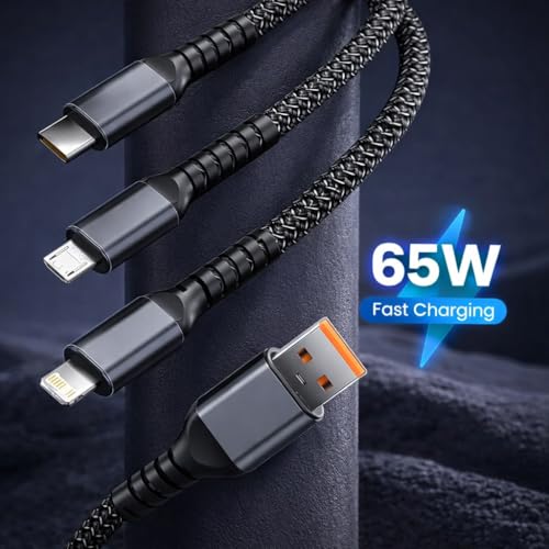 Image of Universal 3-in-1 65W Multi Fast Charging Cable - 5A Nylon Braided 4FT Cable with Type-C & Micro USB for iPhone, iPad, Samsung,OnePlus,Xiaomi, Oppo,Vivo,Android & Car Charging (Black)