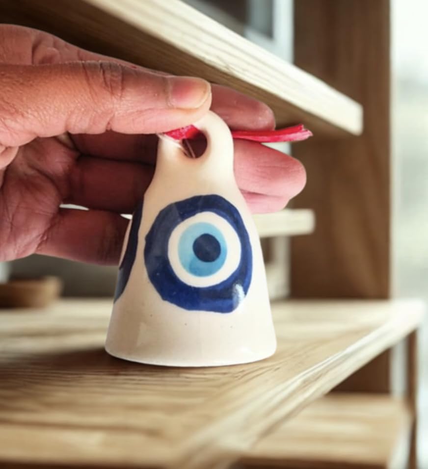 Shopping Shots Evil Eye Ceramic Bell 1 Piece (Height -3 Inches) Evil Eye Printed for Wall hangings, Wind chymes, Entry Gates, Home Decor, for puja, for Gardens.-image-4
