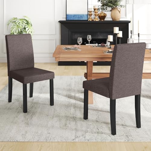 Image of COSTWAY Fabric Armless Dining Chairs Set of 2, Upholstered Kitchen Side Chair w /Rubber Wood Legs, Padded Seat & High Backrest, Mid-Century Modern Accent Chairs for Living Room Restaurant (Brown)