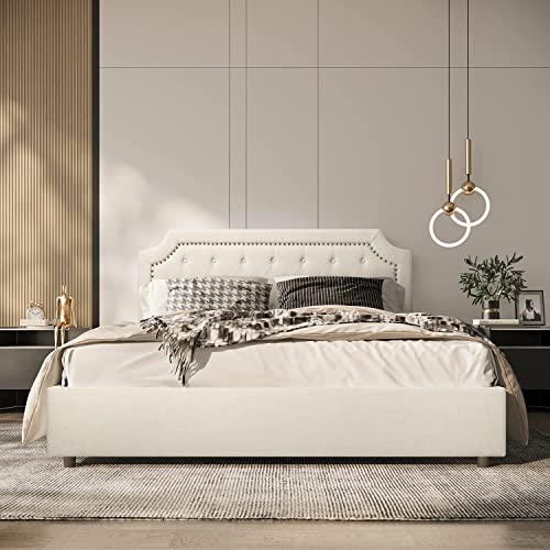 Bonsoir King Size Storage Bed Frame Upholstered Low Profile Traditional Platform With Tufted And Nail Headboard/No Box Spring Needed/4 Pull Out Drawers/Cream Color Linen Fabric (King Size) #TOP2