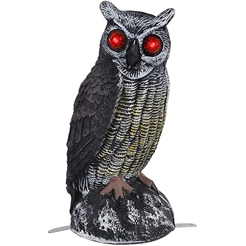 Hausse Solar Fake Horned Owl Statue, 10.2 Inch Solar Powered Halloween Motion Activated Scarecrow Deterrent Owl with Red Eyes, Scary Sound Bird Repellent Decoy Scare Birds Away for Garden Yard Outdoor Cover