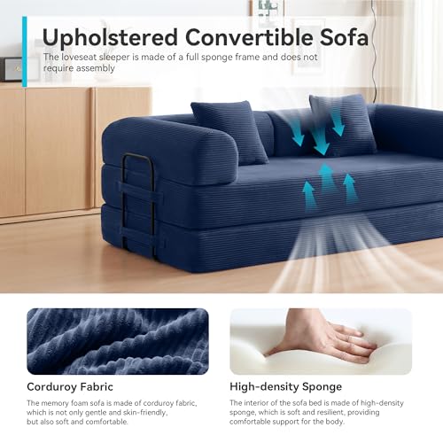 Image of Convertible Sofa Bed with Corduroy Pillow,Comfy Floor Sofa Bed Compressed Sofa in Box, Convertible Sofa Bed for Living Room Bedroom Lounge Studio, Comfy High Density Foam Mattress(Navy Blue)