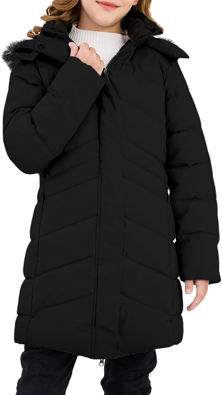 Gihuo Girl's Winter Coat Fleece Lined Long Quilted Puffer Jacket Warm Parka with Faux Detachable Hood