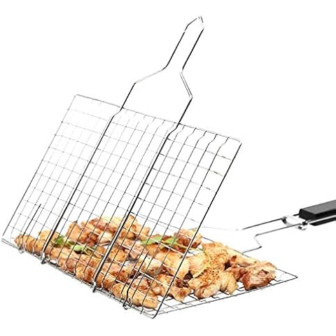 Mmtong Barbecue Grilling Basket, Outdoor Portable Folding 430 Stainless Steel BBQ Barbecue Grill Basket for Fish, Vegetable, Beef Steaks, Shrimp with Removable Detachable Wooden Handle… Cover