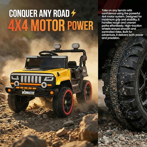 Image of Wishmaster 4x4 Kids Electric Ride On Jeep with Remote Control | Battery Operated Car for Kids 2-6 Years | RGB LED Lights, Bluetooth Music | Birthday Gift | 1-Year Warranty On Motors & Motherboard