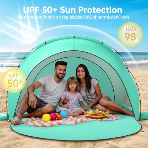 Image of Raynesys Beach Tent Sun Shelter for Sand Camping Fishing, 1-3 Person, Green | Beach Shade Tent with UPF50+ UV Protection, Portable Sun Shelter, Shade Tents with 2 Zippered Doors