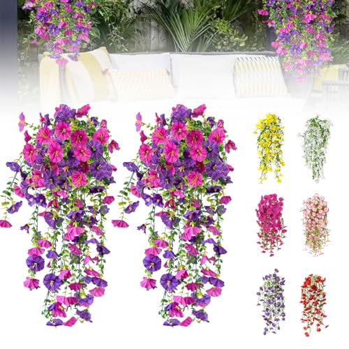 Artificial Flowers for Outdoors Fake Morning Glory Hanging Flower Decoration 2 Pcs Realistic Faux Plants Petunias Trailing Vines Spring Decor for Porch Patio Balcony Planter Yard(Purple+Fuchsia)