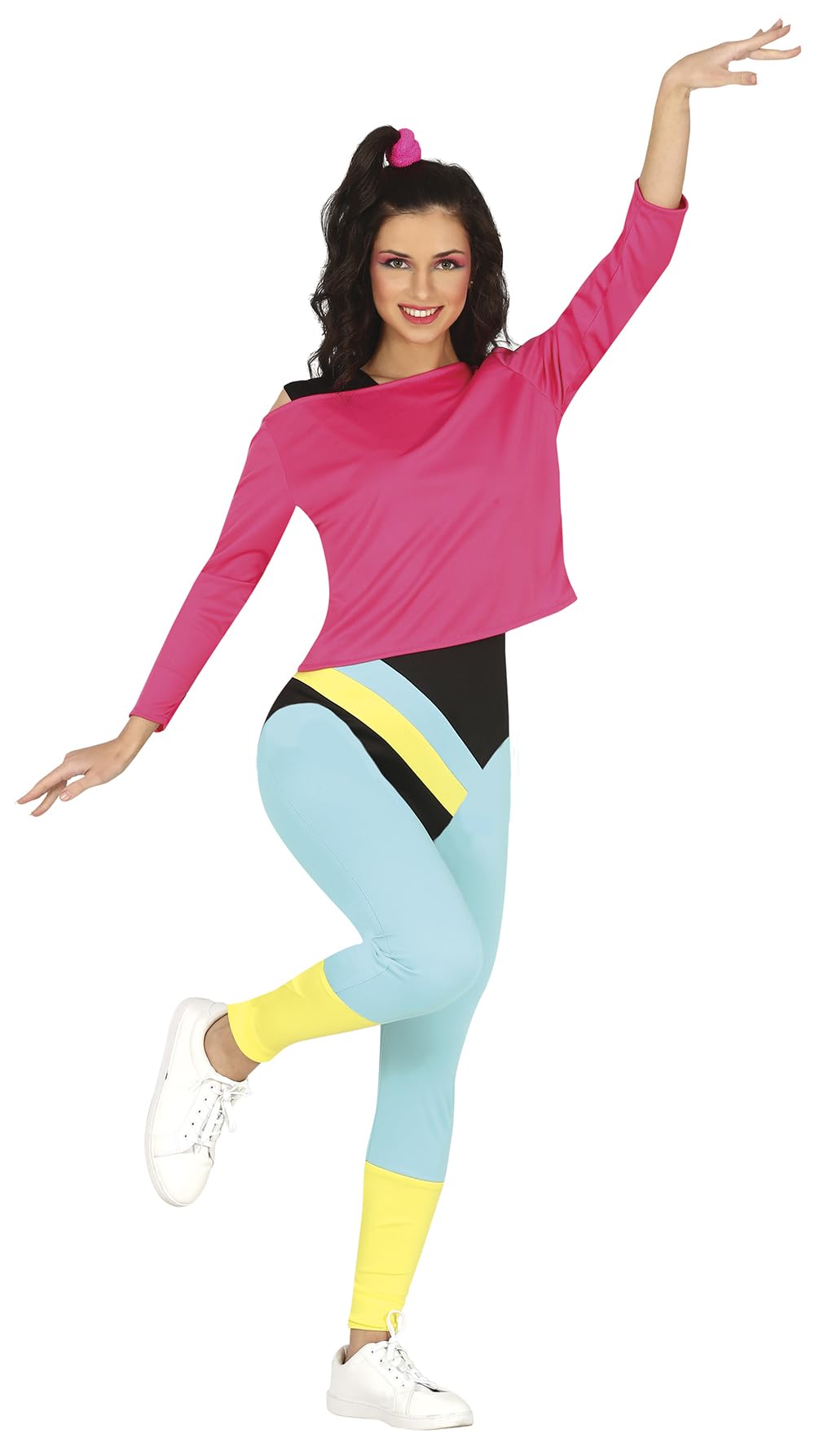 FIESTAS GUIRCA 80er Workout Aerobic Kostüm – 80er Jahre Sport Outfit mit pinkem Top und mehrfarbigem Training Anzug für Karneval Fasching Damen
