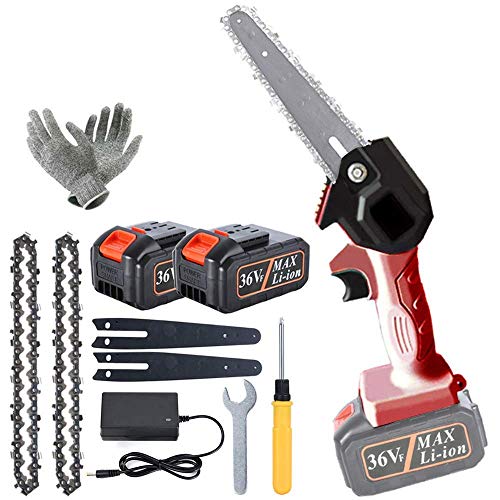 Mini Kettensäge, Akkusäge, handkettensäge Akku 36V, 6 zoll e-Kettensäge mit 2 Akku,2 Ketten und 2 führungsschiene,für Gartenbaum,Landwirtschaft,Ranch,Schneiden von Zweigen und Holz,Rot Cover