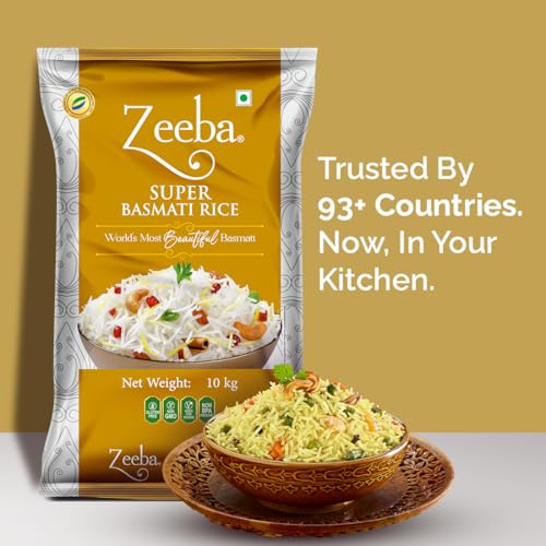 Image of Zeeba Super Basmati Rice 10 Kg, Fluffy & Naturally Aromatic, Gluten Free Fine Grains (Cooked length upto 23mm*)