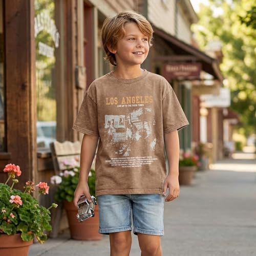Image of Oversized Boys Graphic Tees Acid Wash Los Angeles Tshirt Youth Cotton T Shirt Crewneck Tee Kids Short Sleeve Tops