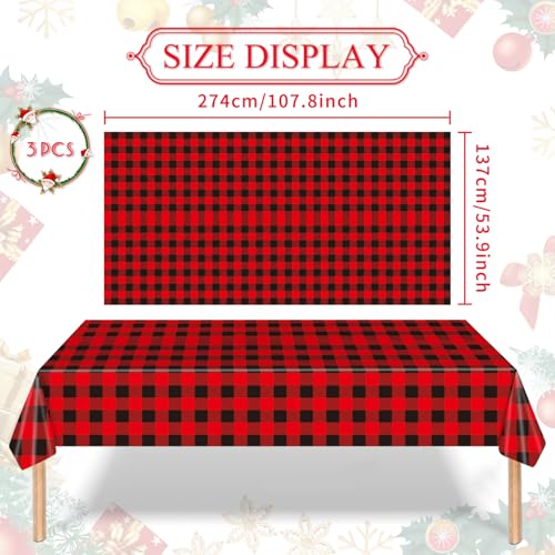 Image of Gistome 3-Piece 54 x 108 Inch Buffalo Plaid Plastic Tablecloth - Red and Black Checkered Design, Disposable Rectangle Table Cover for Dining, Birthday, Christmas, Fall and Winter Themed Decorations