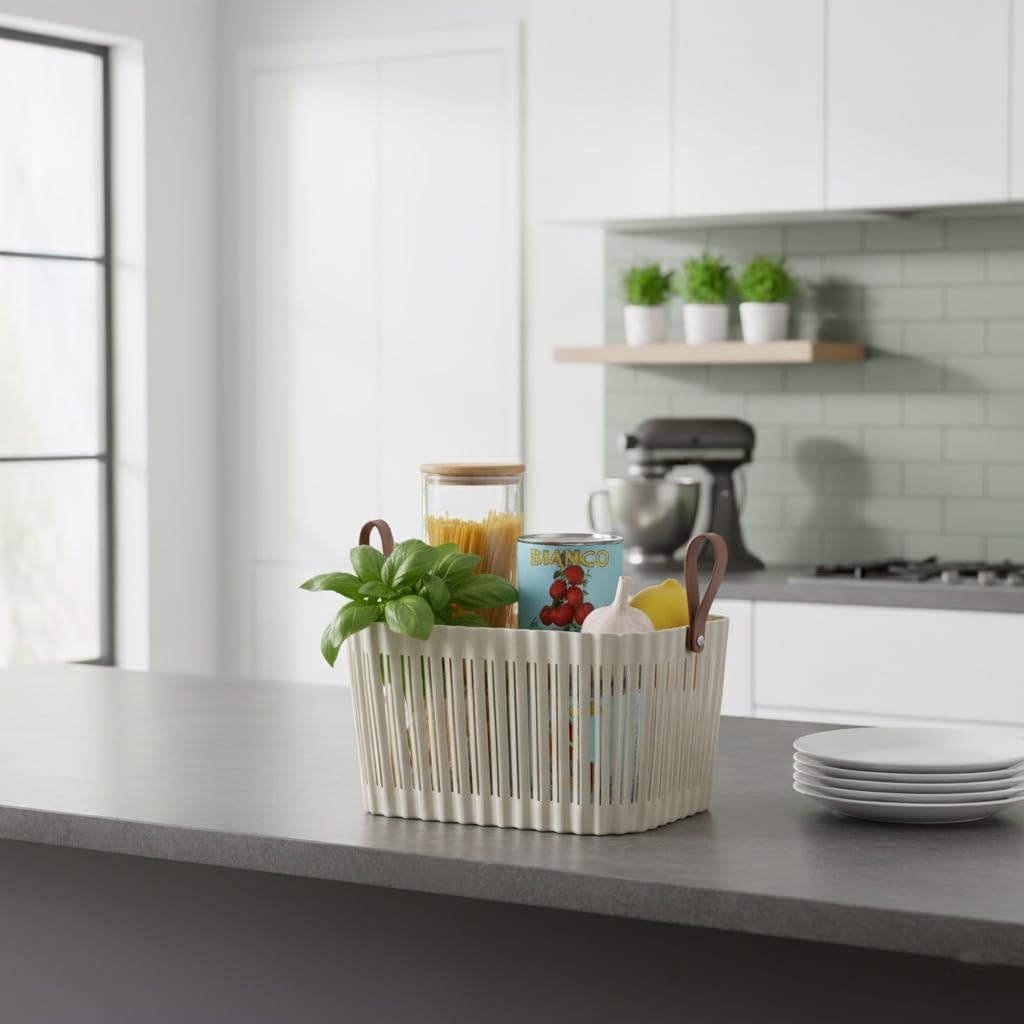 Large Plastic Storage Basket with Soft Handles – Tan & Brown Decorative Bin for Bathroom, Laundry, or Living Room – Rectangular Organizer Basket, 10L