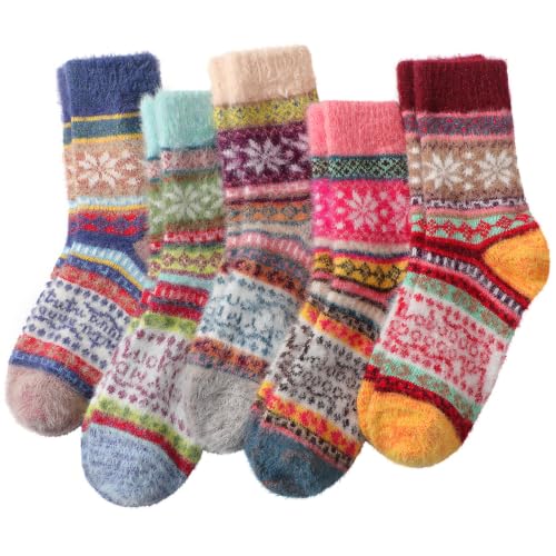 Trifabricy Fuzzy Socks for Women, 5 Pairs Retro Nordic Knit Warm Crew Socks - image 1