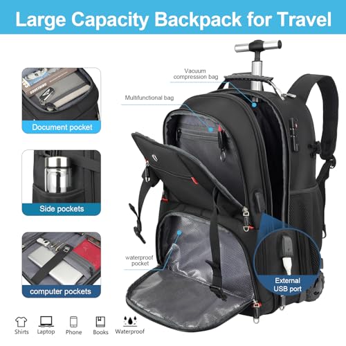 Vacuum backpack with wheels,50L Rolling laptop backpack with Anti-Theft,rolling backpack for travel,Water-Resistant Carry-On Luggage,Business and Commuting2