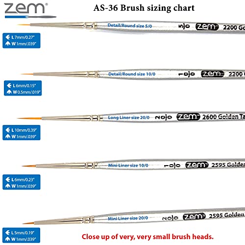 Image of ZEM Brush Golden Taklon Miniature Detail Artist Brush Set Long Liner 20 /0, Mini Liners 20 /0, 10 /0, Details 10 /0, 5 /0