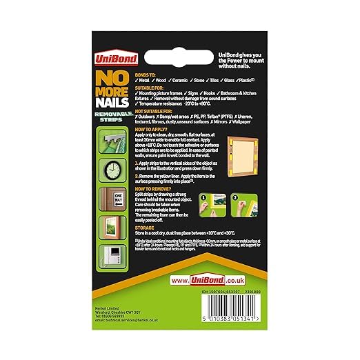 Image of Unibond No More Nails,Removable Adhesive Strips, Double Sided, For Hanging Photo Frames, Hooks, Car Number Plate, Up To 2Kg, DIY, Fast & Easy Mounting Pack Of 10, 9.5 Cm, Multicolour(pack of 4)