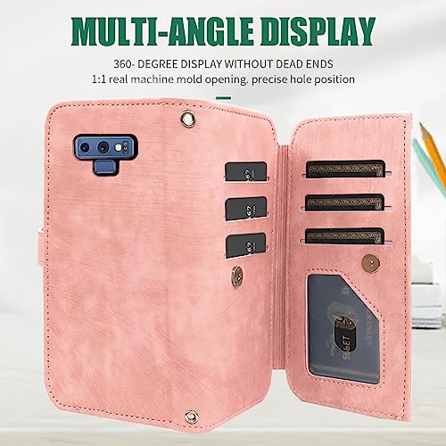 Image of Compatible with Samsung Galaxy Note 9 Wallet Case 9 Card Slots Retro Leather Flip Card Holder Stand Cell Accessories Strap Rugged Wrist Credit Purse Folio Phone Cover for Note9 Not S9 Women Men Pink