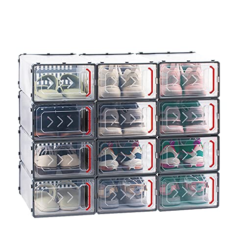 ZOVOTA Schuh-Aufbewahrungsboxen, faltbar, Pfeil, transparent, stapelbar, Kunststoff, Schublade, Öffnung vorne (roter Pfeil), 12 Stück Cover