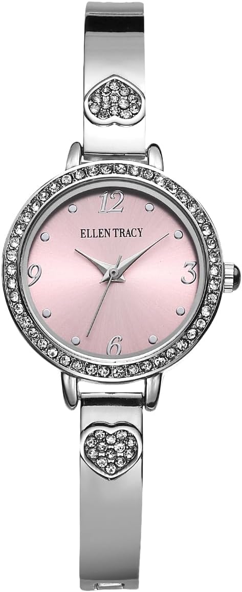 Ellen Tracy Women's 28mm Round Silvertone Watch, Pink Dial, Crystal Accents, Bangle Band