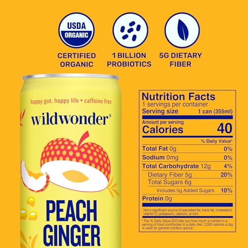 wildwonder Sparkling Probiotic Drink 12pk, For Gut Health & Immune Support, Peach Ginger, 5g Prebiotic Fiber, Live Probiotics, Organic, Vegan, Low Sugar, 12 Pack, 12oz Can, As Seen on Shark Tank