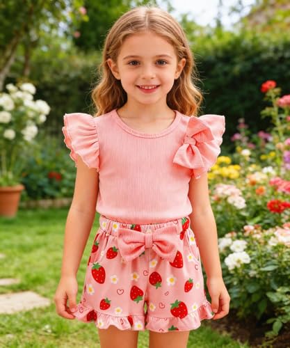 Image of Barlver Girls 2 Piece Short Set Baby Girl Summer Clothes Ruffle Sleeve T-Shirt and Bow Knot Shorts Toddler Girl Outfit Set