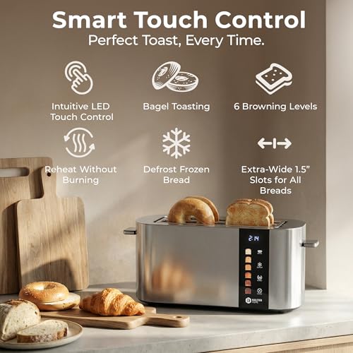 Image of Balter Toaster 4 Slice Wide Slot, Bagel Function, Long Slot, Stainless Steel, Touch Screen, Built-in Rack, Extra-Wide 1.5 inch Slots for Thick Breads & Bagel, Timer, BPA-Free, 6 Levels, Removable Tray