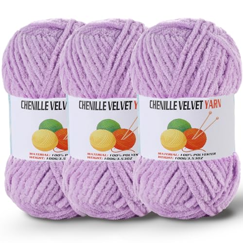 Image of 3 * 100g /3.5oz Fluffy Chenille Yarn for Crocheting, Chunky Velvet Yarn for Crochet Amigurumi, Used for Making Baby Yarns Blanket, Clothes, Pattern Knitting Creations (Light Purple)