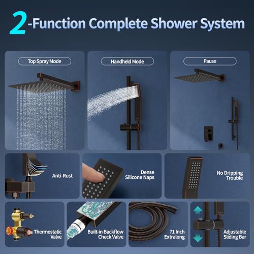 Image of SR SUN RISE 12 Inch Square Shower System with Slide Bar,Oil Rubbed Bronze