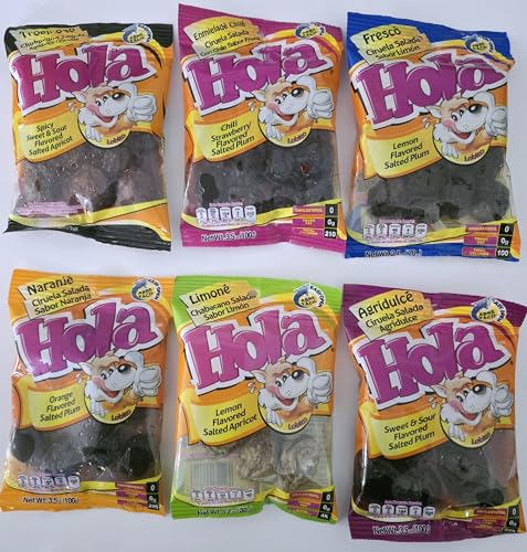 Hola Lobito Variety Pack – 6 Flavors of Mexican Salted Plums & Apricots | Sweet, Spicy & Sour Fruit Snacks, 6-Pack