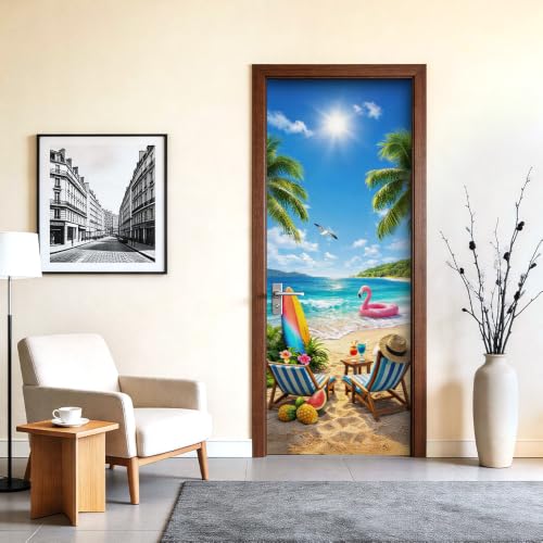Image of Tropical Beach Door Sticker, Peel & Stick Door Cover, 30.3x78.7in
