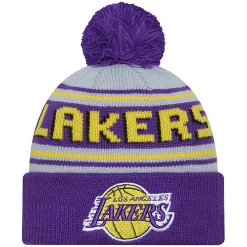 New Era Los Angeles Lakers Purple Cuff Cheer Beanie Hat with Pom - NBA Cuffed Knit Cap