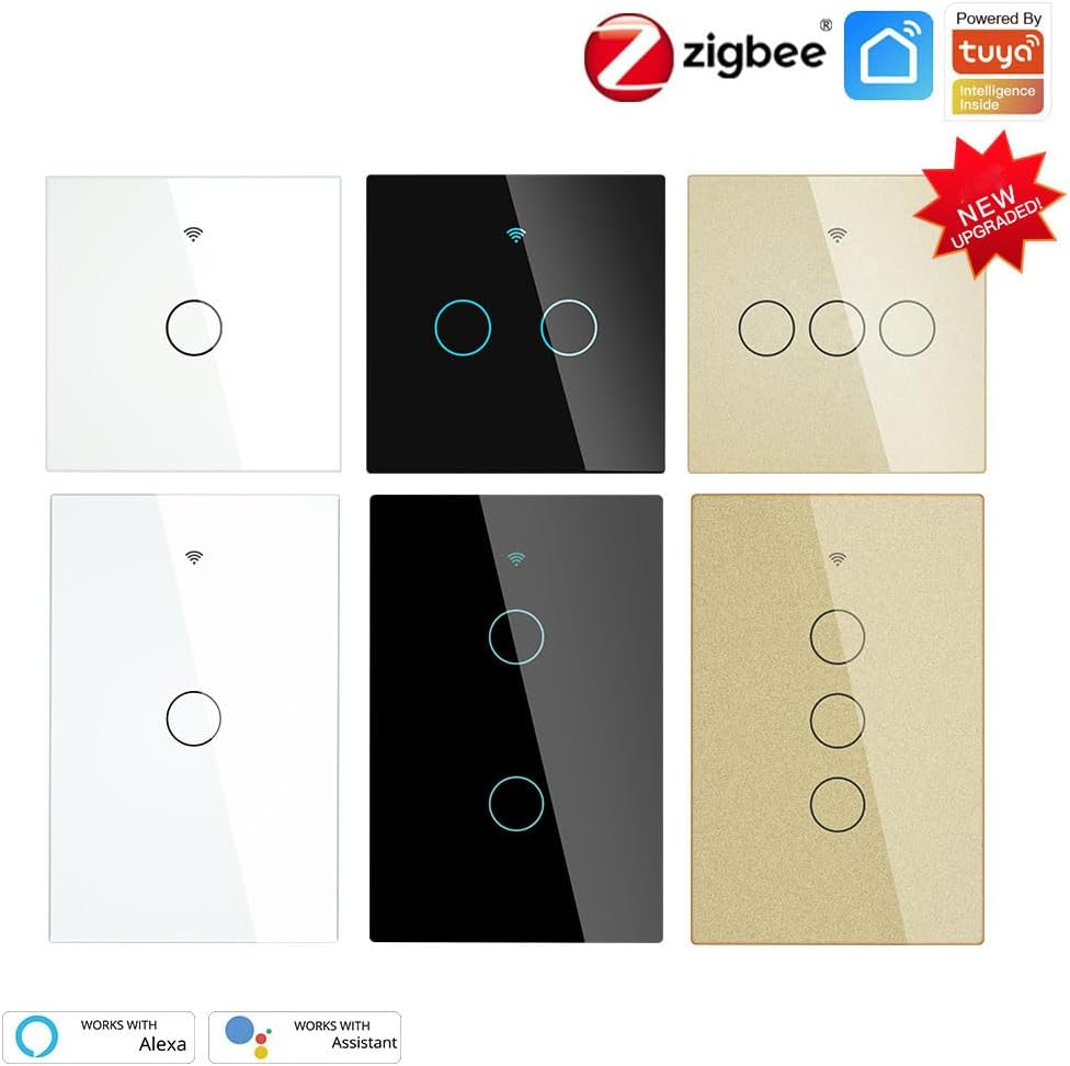 Zigbee Wall Touch Smart Light Switch with Neutral/No Neutral No Capacitor Smart Life Works with Voice Control ZS-US2-WH-MS Zigbee