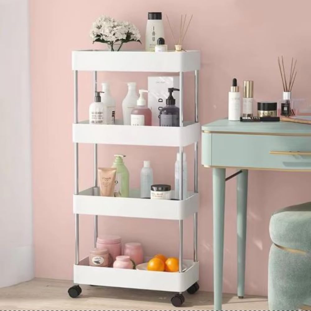 AEXONIZ TOYS Plastic Kitchen Storage Trolley Rack with Wheels, Slide Out Rolling Utility Cart Storage Shelves, Space Saving Home Storage Organizer Racks (White, 4 Layer)