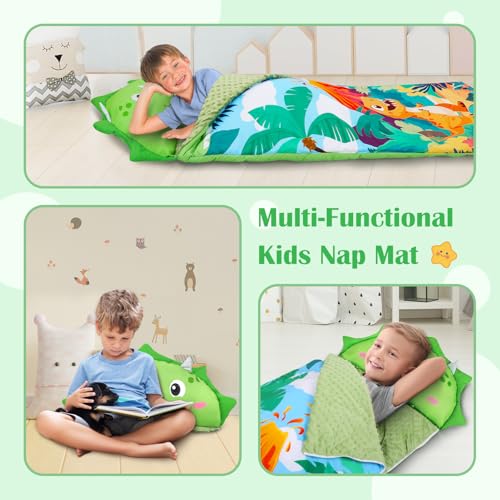 Decalsweet Schlafsack Kinder Doppelter Reißverschluss Warm, Faltbare Kinderschlafsack mit Kissen Abnehmbar für Mädchen Jungen, Schlafsack Kuscheltier für Outdoor Indoor Camping, 150×60cm Dinosaurier