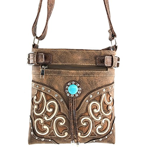 Justin West Tooled Gleaming Turquoise Stone Floral Laser Cut Rhinestone Messenger Bag Purse with Long Cross Body Strap2